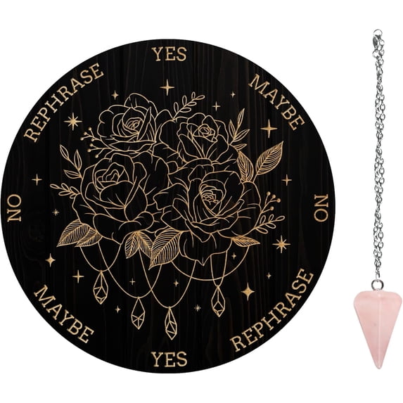 Custom PVC Plastic Pendulum Board with Natural Rose Quartz Stone Pendants and 304 Stainless Steel Cable Chain Dowsing Divination Board for Witchcraft Wiccan Altar Supplies Flat Round Flower Pattern