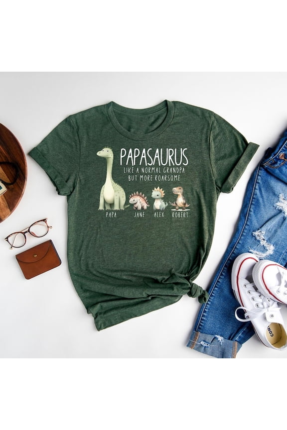 Custom Papasaurus T-Shirt, Dinosaur Dad Shirt with Kids’ Names, Funny Grandpa Tee, New Father’s Day Gift