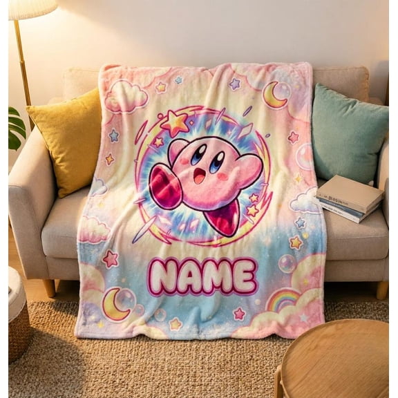 Custom Pastel Cloud Kirby Flannel Blanket, Video Game Birthday Throw