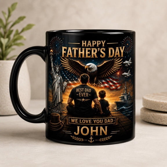 Custom Patriotic Dad Mug, Personalized Father’s Day Coffee Mug for Him, Eagle USA Dad Gift, Best Dad Ever Custom Name Cup