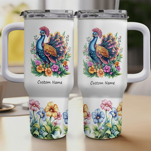 Custom Peafowl Bird Lover 40oz Tumbler – Personalized Travel Mug with Straw, Handle and Lid – Cute Animal Gift Idea for Girls Women Christmas or Birthday Present