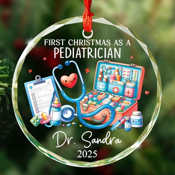 Custom Pediatrician Glass Christmas Ornament 2025, First Christmas as a Pediatrician Ornament, Personalized Name Stethoscope Xmas Ornaments, Appreciation Gifts for Pediatricians Doctor Nurse
