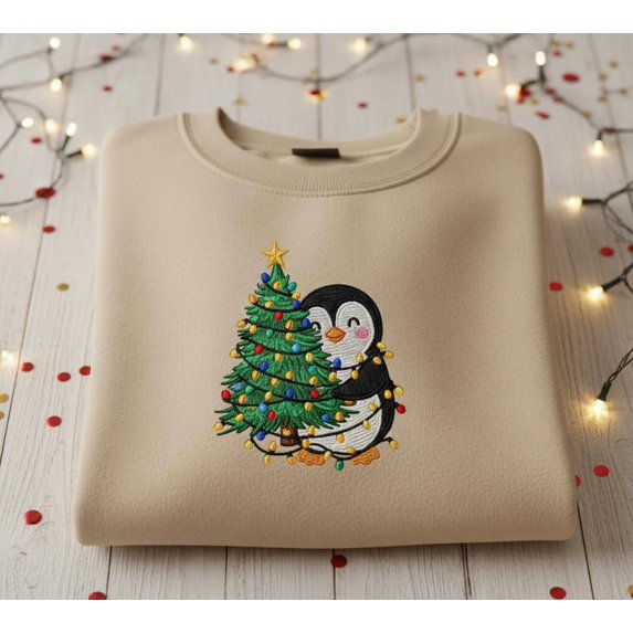 Custom Penguin Christmas Tree Embroidered Sweatshirt, Cute Holiday Crewneck, Cozy Winter Gift for Her or Kids