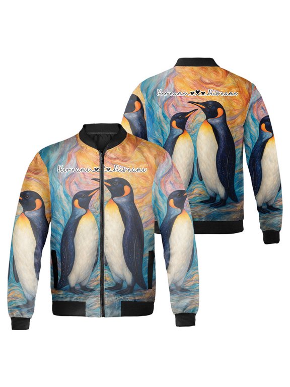 Custom Penguin Couple Bomber Jacket, Personalized Love Birds Matching Coat, Cute Penguin Lovers Gift, Custom Name Valentine Jacket for Him and Her