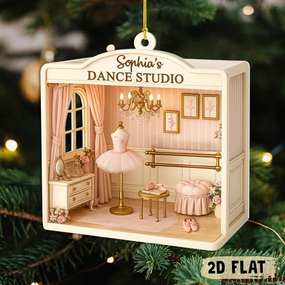 Custom Personalized Ballet Studio Acrylic Ornament, 2D Flat Ballerina Room Scene, Xmas Gift for Dancers