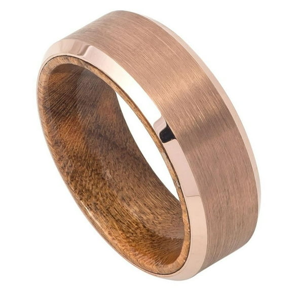 Custom Personalized Engraving Wedding Band Ring Set for Him & Her - 8mm Rose Gold IP Plated Brushed Finish Beveled Edge with African Sapele Mahogany Wood Sleeve/Inner Ring