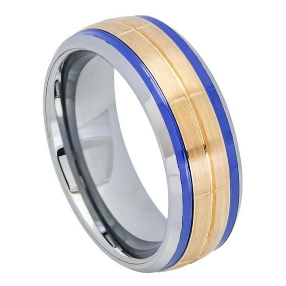 Custom Personalized Engraving Wedding Band Ring Set for Him & Her - 8mm Rose Gold IP Plated Brushed Grooved Center Beveled Edge with Blue Hue/Bluish Trims on both sides
