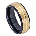 thumbnail image 1 of Custom Personalized Engraving Wedding Band Ring Set for Him & Her - 8mm Two-tone Black IP Inside Yellow Gold IP Hammered Finish with Center Groove Stepped Edge, 1 of 6