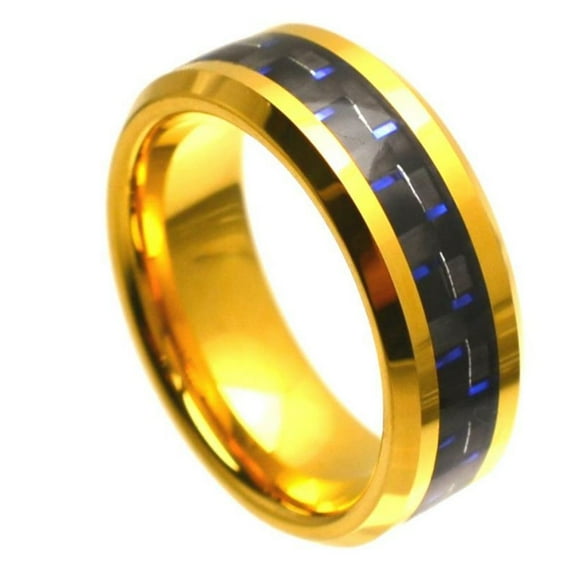 Custom Personalized Engraving Wedding Band Ring Set for Him & Her - 8mm Yellow Gold Plated High Polish with Blue & Black Carbon Fiber Inlay Beveled Edge