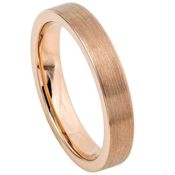 Custom Personalized Engraving Wedding Band Ring Set for Him & Her - 4mm Rose Gold IP Plated Brushed Polished Flat Pipe