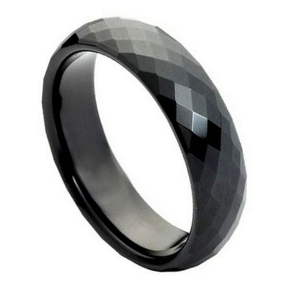 Custom Personalized Engraving Wedding Band Ring Set for Him & Her - 6mm Black IP Faceted Ring