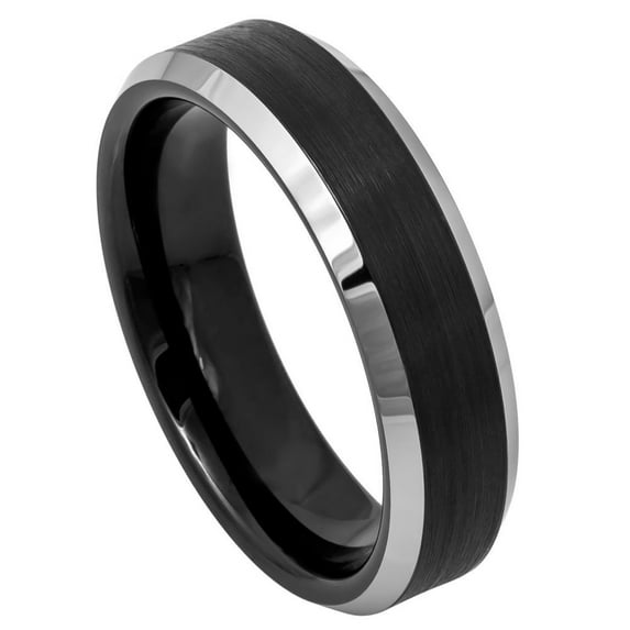 Custom Personalized Engraving Wedding Band Ring Set for Him & Her - 6mm Black IP Plated Brushed Center High Polished Steel Color Beveled Edge