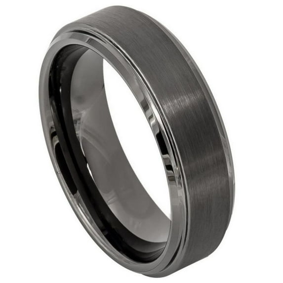 Custom Personalized Engraving Wedding Band Ring Set for Him & Her - 6mm Gun Metal IP Plated Brushed Center High Polish Stepped/Beveled Edge