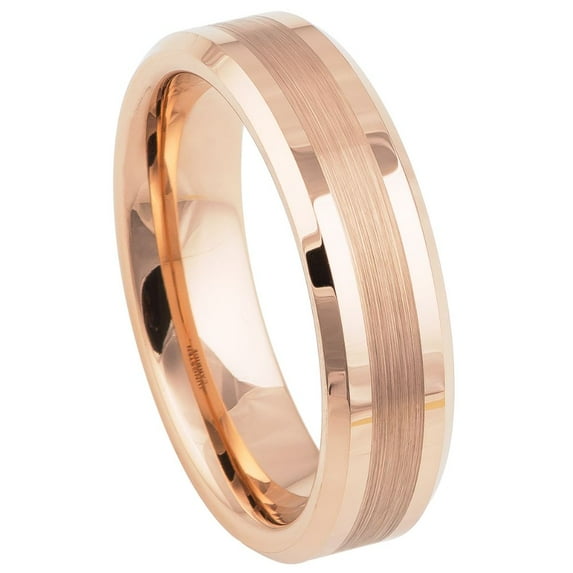 Custom Personalized Engraving Wedding Band Ring Set for Him & Her - 6mm Rose Gold IP Plated Brushed Center High Polished Beveled Edge