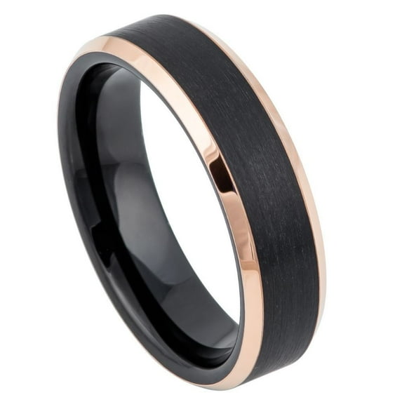 Custom Personalized Engraving Wedding Band Ring Set for Him & Her - 6mm Two-Tone Black IP Rose Gold IP Brushed Center Beveled Edge