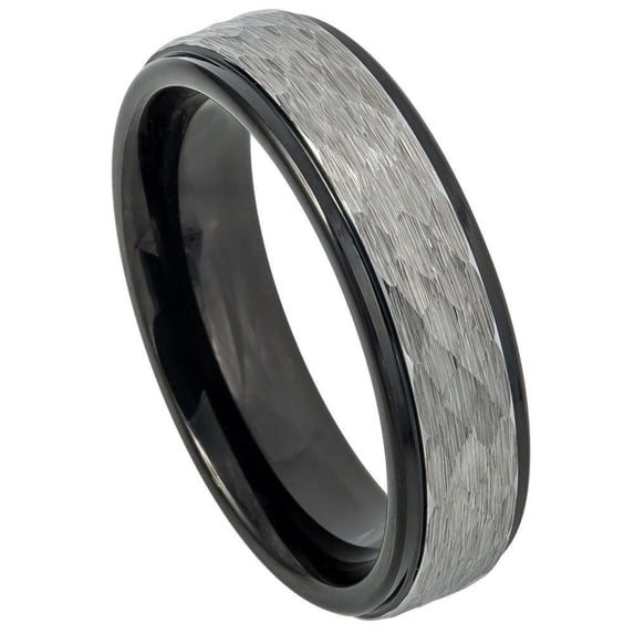 Custom Personalized Engraving Wedding Band Ring Set for Him & Her - 6mm Two-tone Hammered Gun Metal Brushed Finish Black IP Inner Ring Stepped Edge
