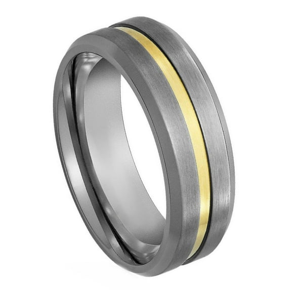Custom Personalized Engraving Wedding Band Ring Set for Him & Her - 7mm Yellow Gold Tone IP Plated Center Grooved