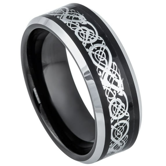 Custom Personalized Engraving Wedding Band Ring Set for Him & Her - 8mm Black IP & Stainless SteelCeltic Cut-Out Design Inlay & Beveled Edge