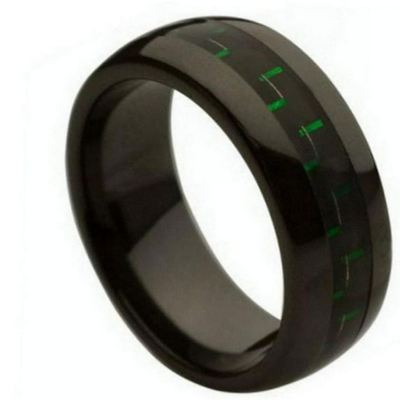 Custom Personalized Engraving Wedding Band Ring Set for Him & Her 8mm Green Black Carbon Fiber Inlay