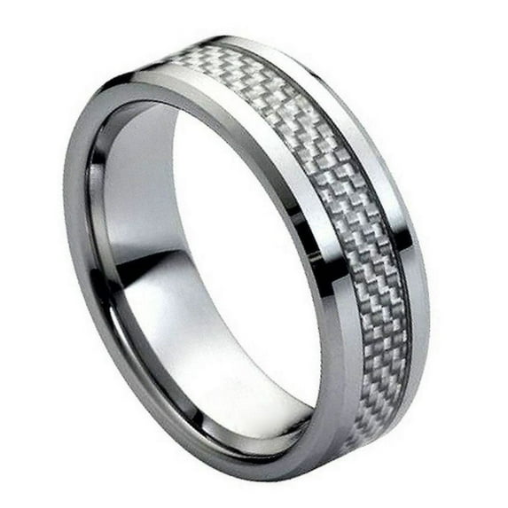 Custom Personalized Engraving Wedding Band Ring Set for Him & Her - 8mm Grey Carbon Fiber Inlay Low Beveled Edge