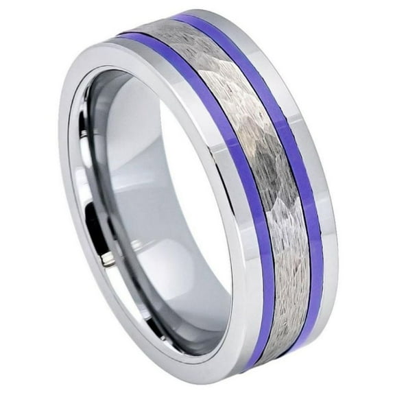 Custom Personalized Engraving Wedding Band Ring Set for Him & Her - 8mm Pipe-Cut Hammered Center with Two Blue Hue/Bluish Trims Shiny Edges