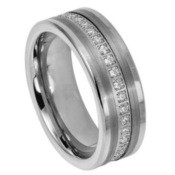 Custom Personalized Engraving Wedding Band Ring Set for Him & Her - 8mm Pipe-cut Brushed Center Prong-set Round-cut Cubic Zirconia Eternity