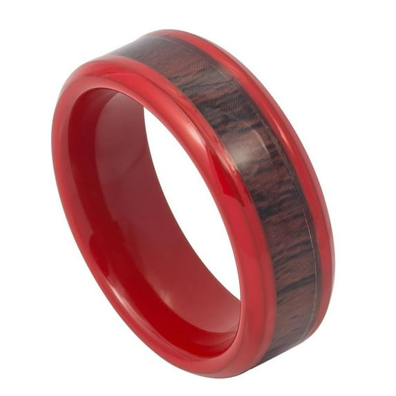 Custom Personalized Engraving Wedding Band Ring Set for Him & Her - 8mm Red Enamel Plated High Polished Low Beveled Edge with Hawaiian Koa Inlay