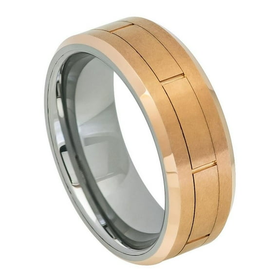 Custom Personalized Engraving Wedding Band Ring Set for Him & Her - 8mm Rose Gold IP Brushed Grooved Center Beveled Edge