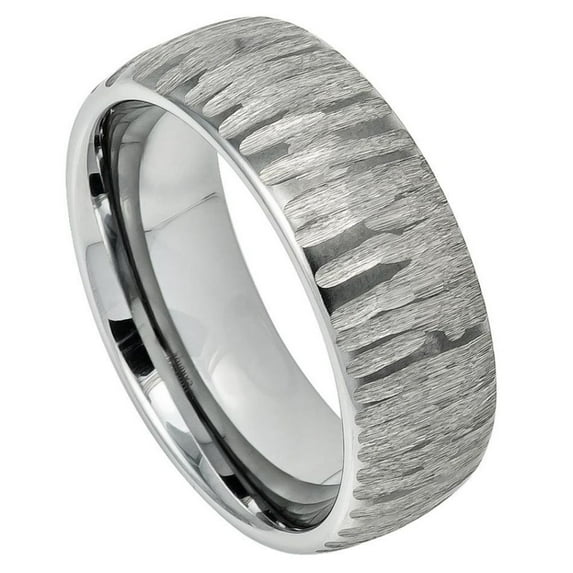 Custom Personalized Engraving Wedding Band Ring Set for Him & Her - 8mm Semi Domed Ring with Tree Bark Carved Textured Finish