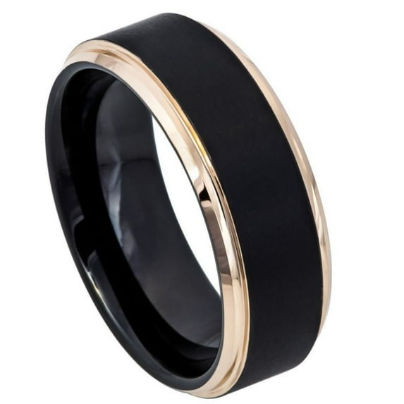 Custom Personalized Engraving Wedding Band Ring Set for Him & Her - 8mm Two-Tone Black IP Rose Gold IP Brushed Center Stepped Edge