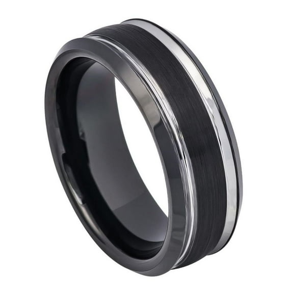 Custom Personalized Engraving Wedding Band Ring Set for Him & Her - 8mm Two-tone Black IP Brushed Center Steel Color Stepped Edge