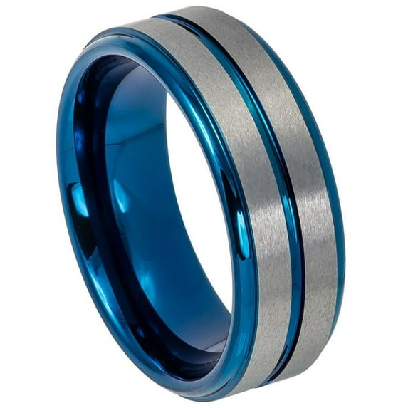 Custom Personalized Engraving Wedding Band Ring Set for Him & Her - 8mm Two-tone Blue IP Plated Center Grooved Brushed Finish Stepped Edge