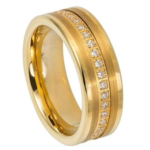 Custom Personalized Engraving Wedding Band Ring Set for Him & Her - 8mm Yellow Gold IP Plated Brush Finish Low Stepped Edge