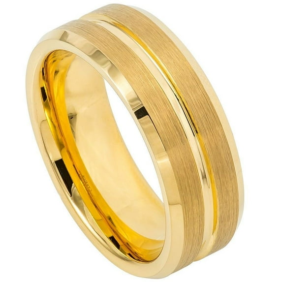 Custom Personalized Engraving Wedding Band Ring Set for Him & Her - 8mm Yellow Gold IP Plated Grooved Center Brushed Beveled Edge