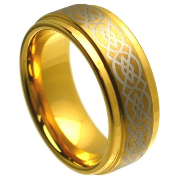 Custom Personalized Engraving Wedding Band Ring Set for Him & Her - 8mm Yellow Gold Tone IP Plated High Polished Laser Engraved Celtic Knot Pattern