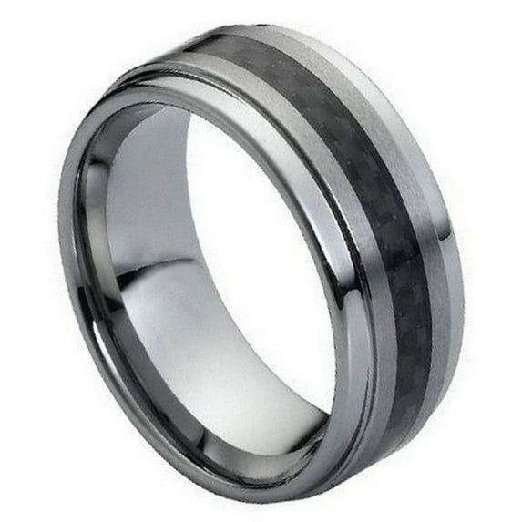 Custom Personalized Engraving Wedding Band Ring Set for Him & Her - 9mm Black Carbon Fiber Inlay on Brushed Center