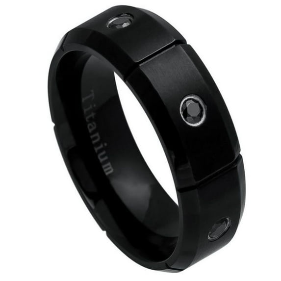 Custom Personalized Engraving Wedding Band Ring Set for Him & Her Titanium Band 8mm Black IP Plated Titanium Ring Multi-Grooved with Six Black CZs