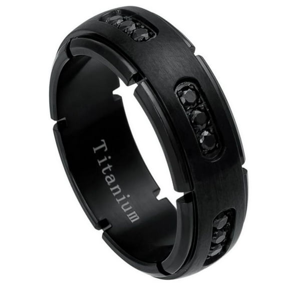 Custom Personalized Engraving Wedding Band Ring Set for Him & Her Titanium Band 8mm Black IP Plated Titanium Ring with 18 Black CZs