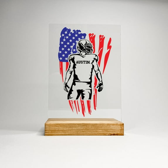 Custom Personalized Free Engraved Colorful Wood Stand Boys Table Desk Sports USA Flag Football Player Design Room Décor Gift