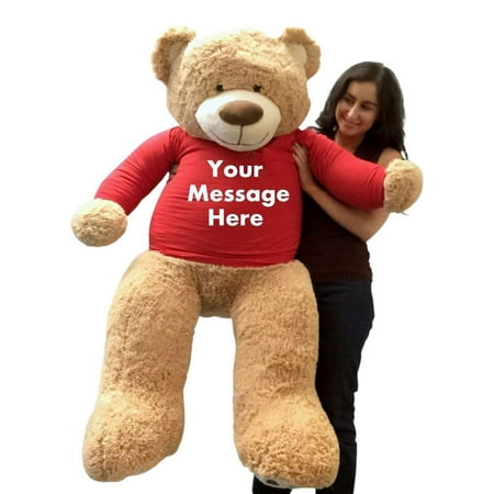 Custom Personalized Giant Teddy Bear wears Removable Customized Red Color T-Shirt Printed with Your Text, Big Plush 5 Foot Stuffed Animal for Valentine's Day & Birthday & More. Customizable Huge Bear