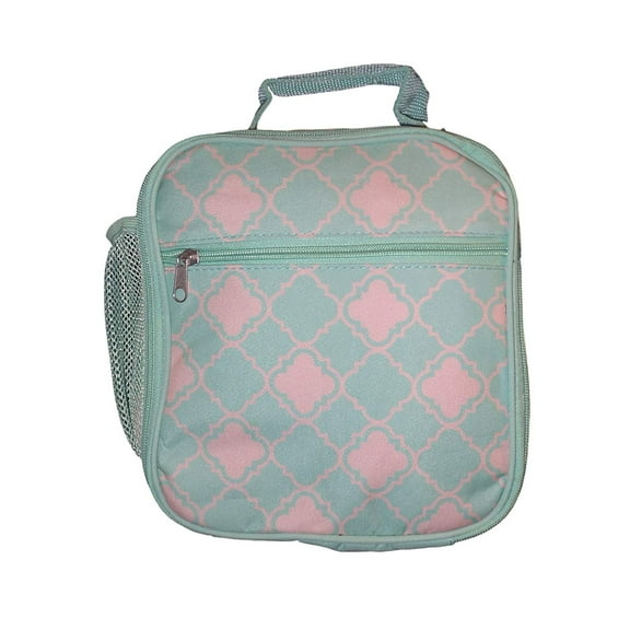 Custom Personalized Insulated Water Resistant Lunch Bag with Exterior Zipper and Mesh Elastic Pockets Blank, Mint and Light Peach Quatrefoil