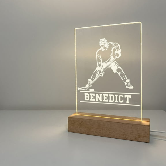 Custom Personalized LED Wood Stand Night Light Up Table Lamp Boys Sports Design Choice Ice Hockey Player School Team Dad Father's Day Gift