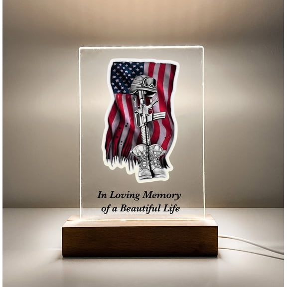 Custom Personalized LED Wood Table Stand In Loving Memory Condolence Remembrance Loss, Fallen Soldier, Military, American Flag Memorial Gift