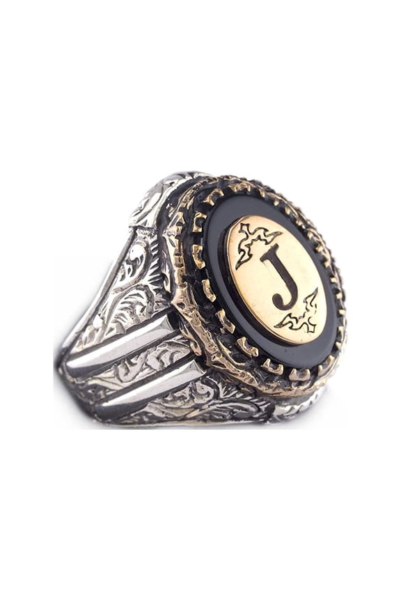 Custom Personalized Letter Ring, Beautiful Handcrafted Personalized 925K Solid Sterling Silver Onyx Stone Men's Ring RP77