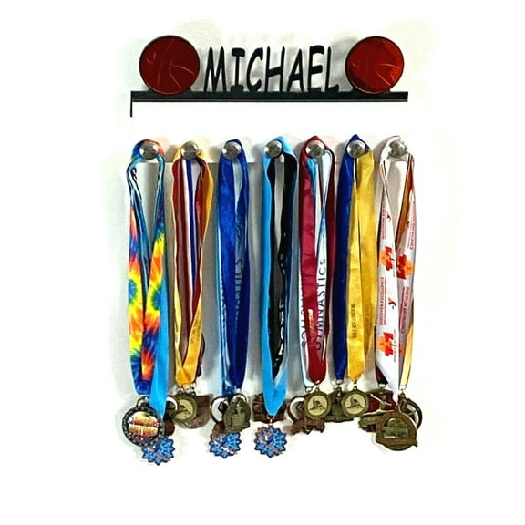 Custom Personalized Name Basketball Team Player Sports Medal Holder, Awards Display Organizer Hanger Rack with Hooks for 60+ Medals, Ribbons, Sports Of A Kind Made To Order With Your Name On It.