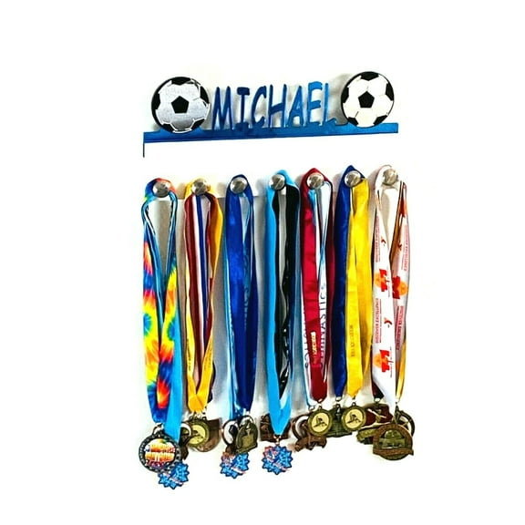 Custom Personalized Name Soccer Ball Team Player Sports Medal Holder, Awards Display Organizer Hanger Rack with Hooks for 60+ Medals, Ribbons, Sports Of A Kind Made To Order With Your Name On It.