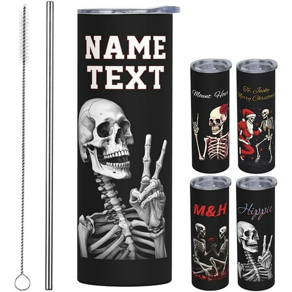 Custom Your Personalized Name Texts Funny Skull Skeleton Stainless Steel Insulated Tumbler 20 OZ, DIY Coffee Mug Cup with Splash-Proof Lid and Straw for Car Home Office Outdoor Travel