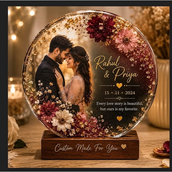 Celvora Personalized Resin Nameplate with Photo, Custom Picture Plaque, Wooden Decor Anniversary Gift with Names for Couples