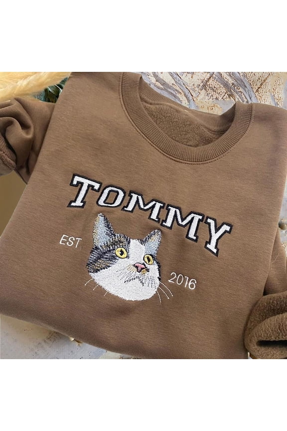 Custom Pet Cat Portrait Photo Embroidered Sweatshirt Personalized Cat Gifts Unique Gifts for Cat Lover