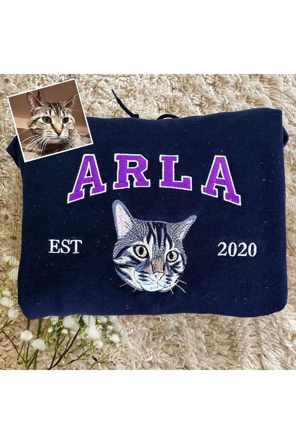 Custom Pet Cat Portrait Photo Embroidered Sweatshirt Personalized Cat Gifts Unique Gifts for Cat Lovers Christmas